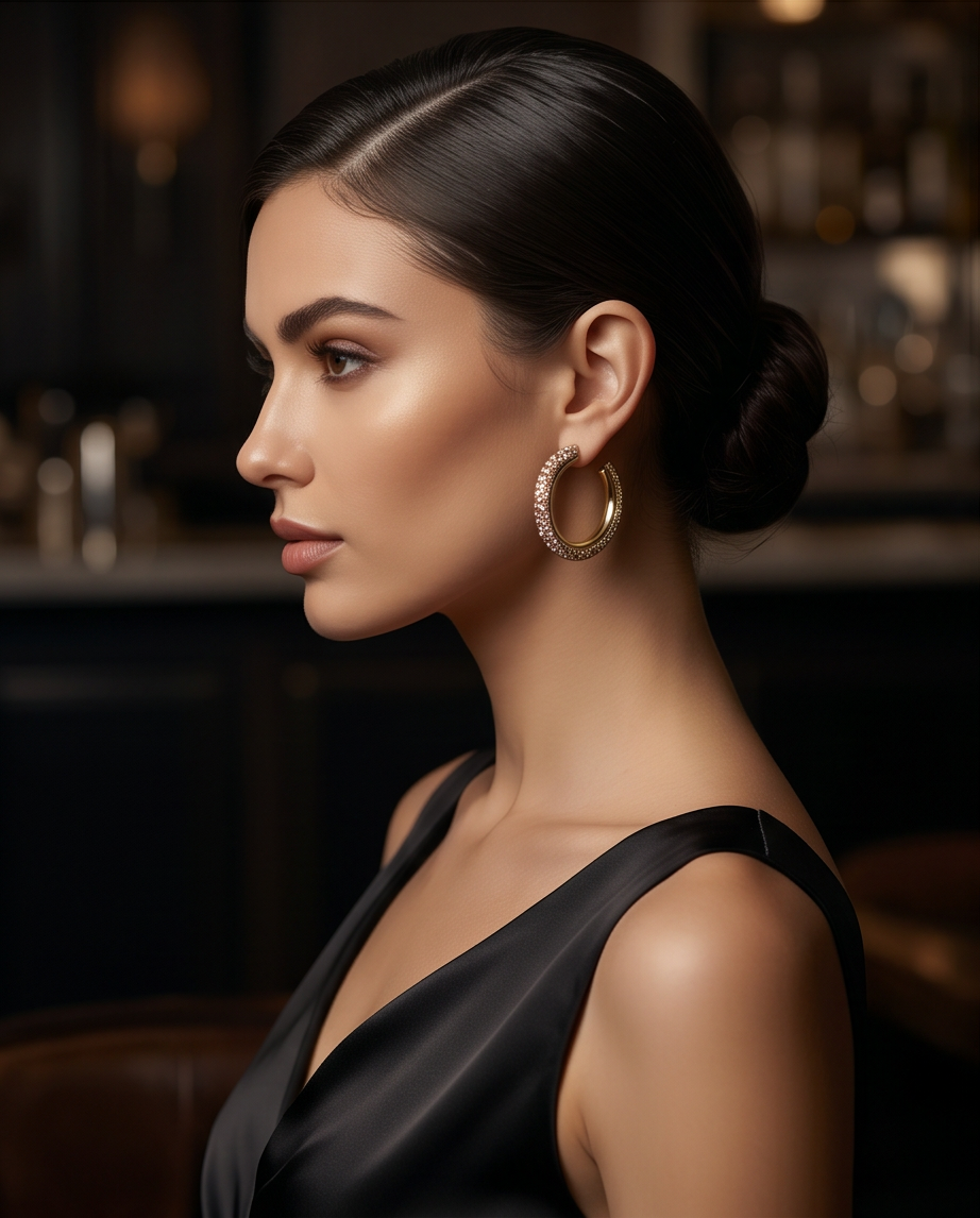 Pair of gold pavé crystal hoop earrings laid flat on cream silk fabric