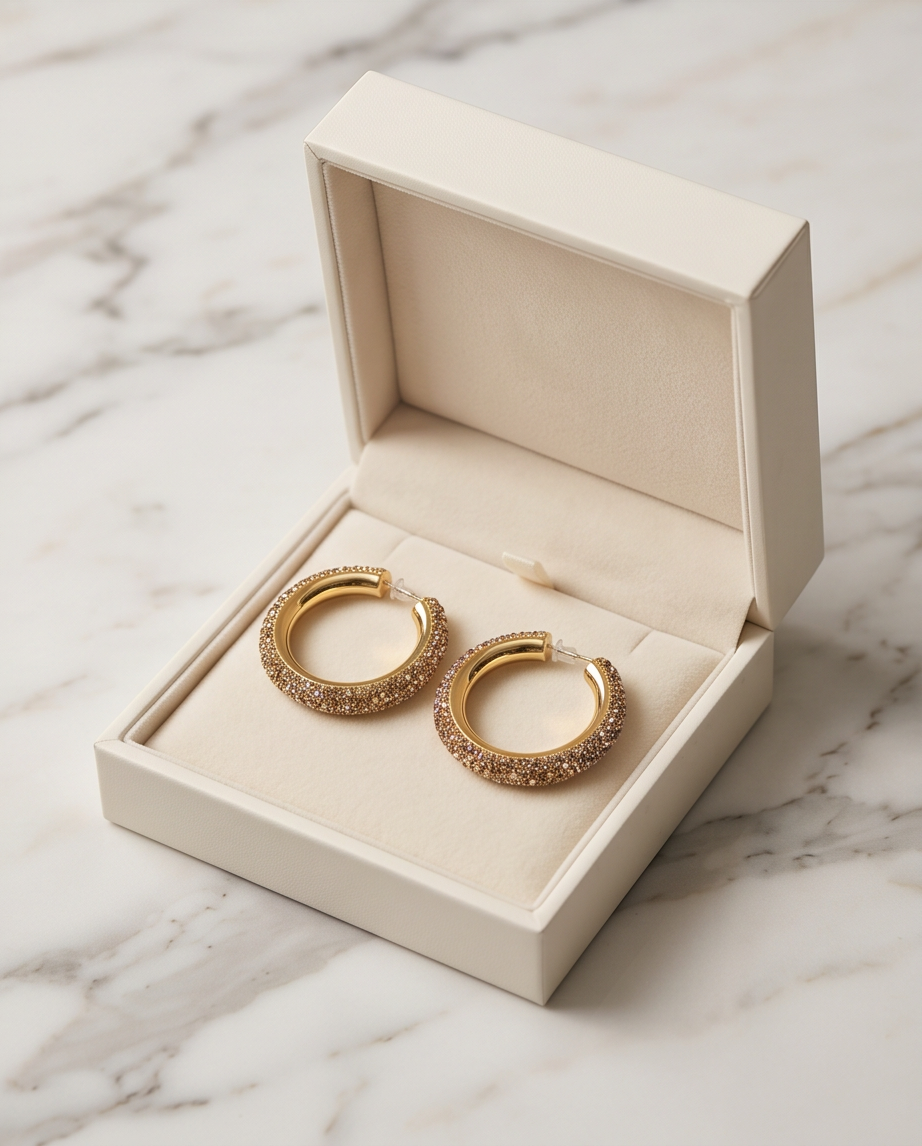 Pair of gold pavé crystal hoop earrings in open cream jewellery box on white marble surface