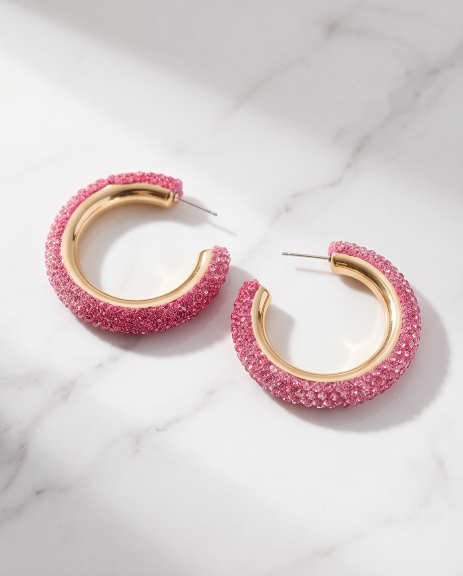 Pink crystal pavé hoop earrings in pink velvet jewellery box