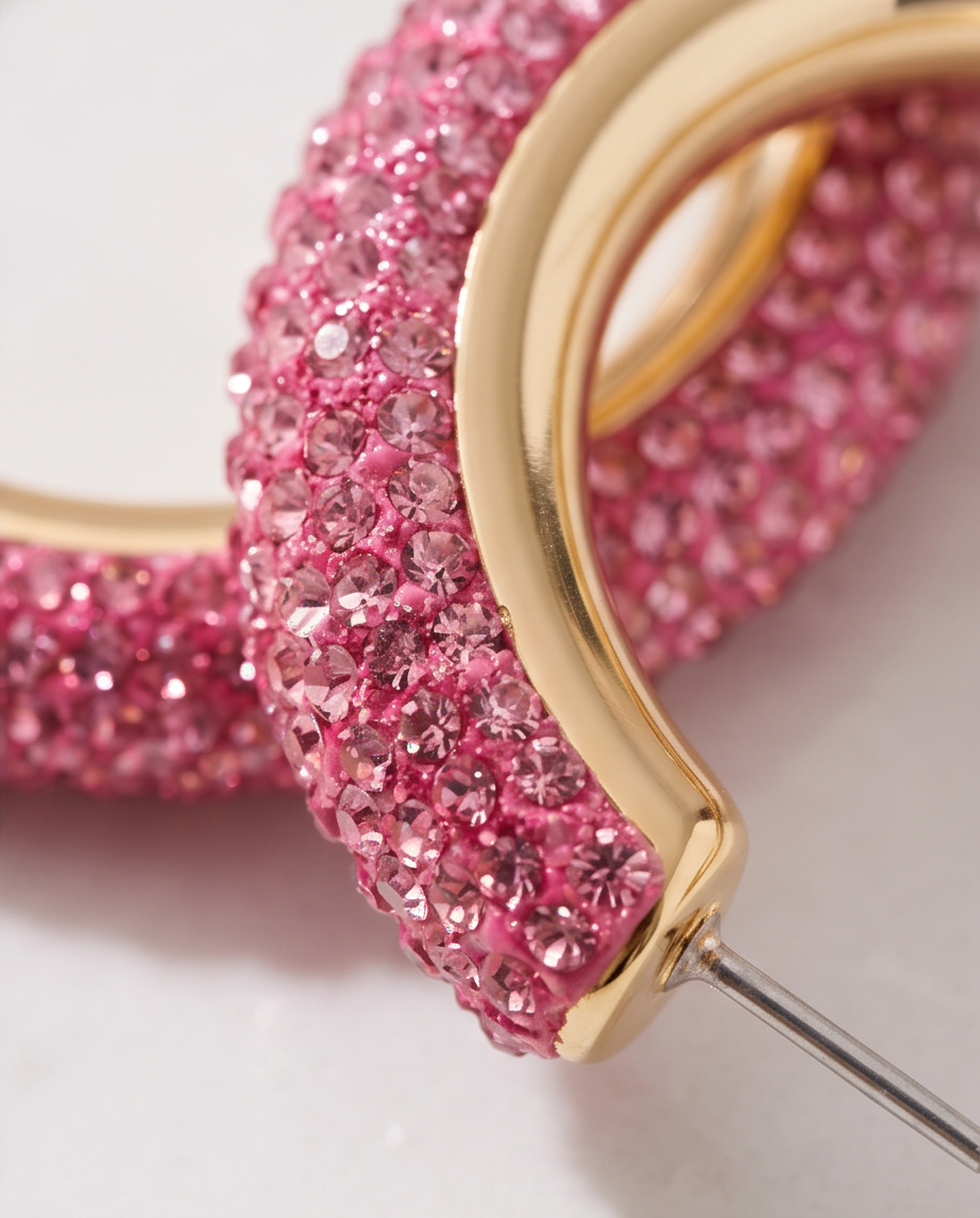 Hand holding pink crystal pavé hoop earring