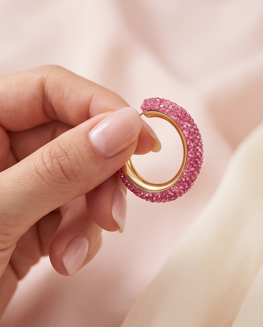 Close-up detail of pink crystal pavé encrustation on gold hoop