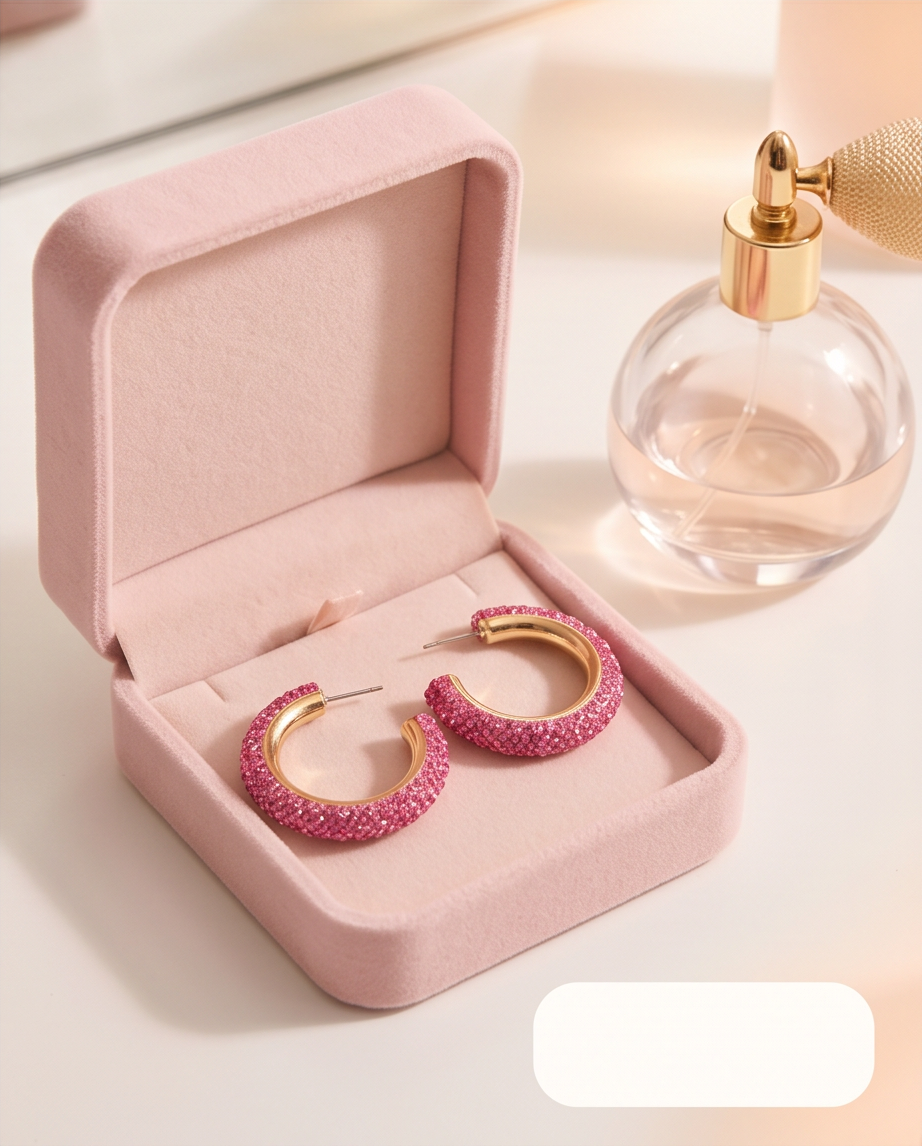 Pink crystal pavé hoop earrings on marble surface