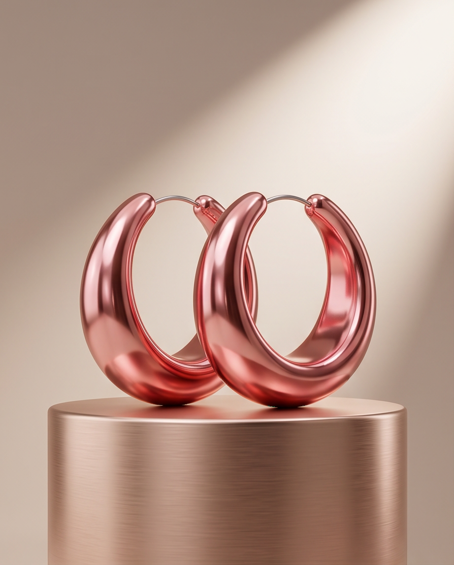 Model wearing rose gold chunky hoop earrings outdoors