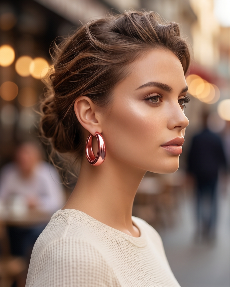 Rose gold chunky hoop earrings on marble with pink ribbon