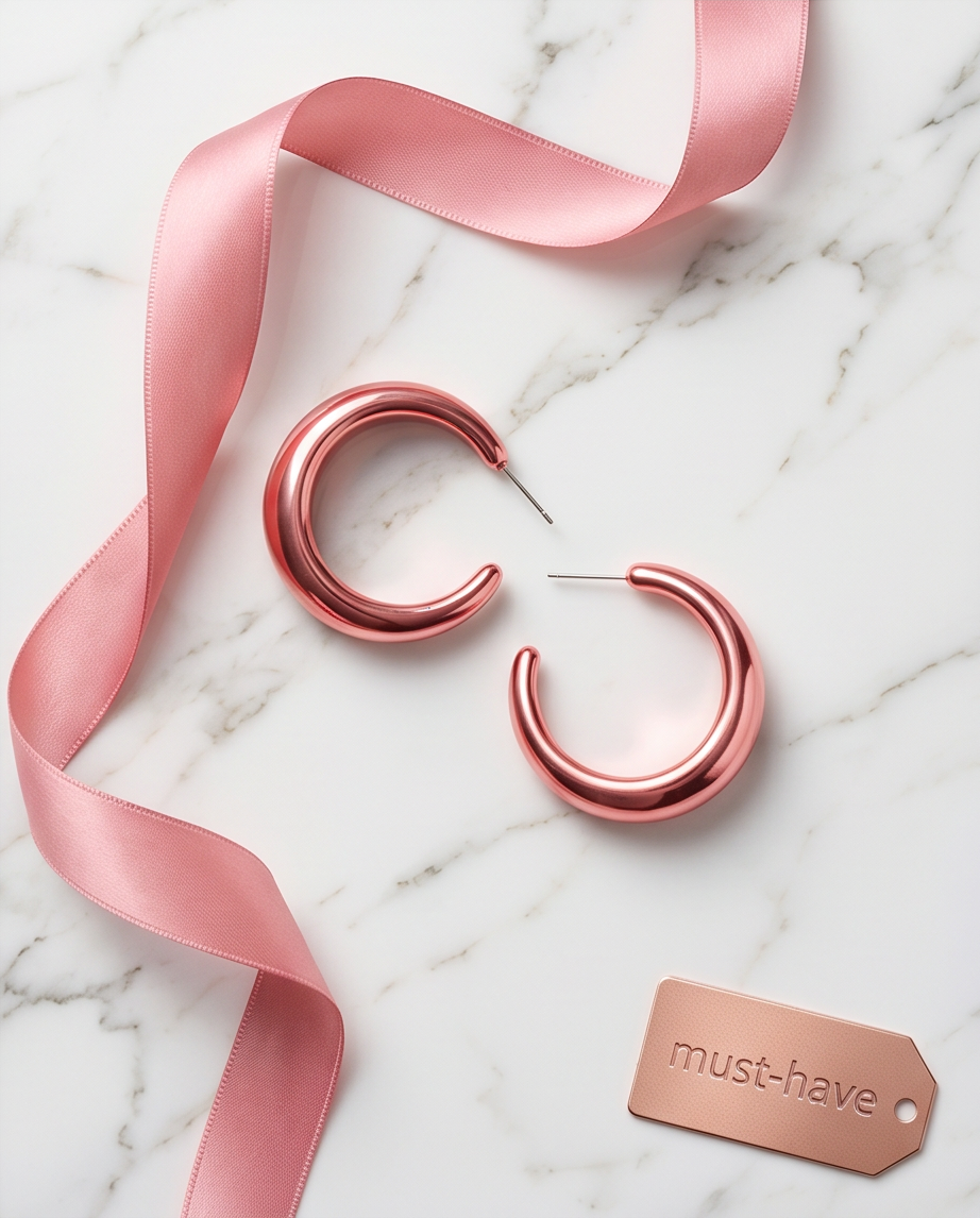 Rose gold chunky hoop earrings on rose gold pedestal