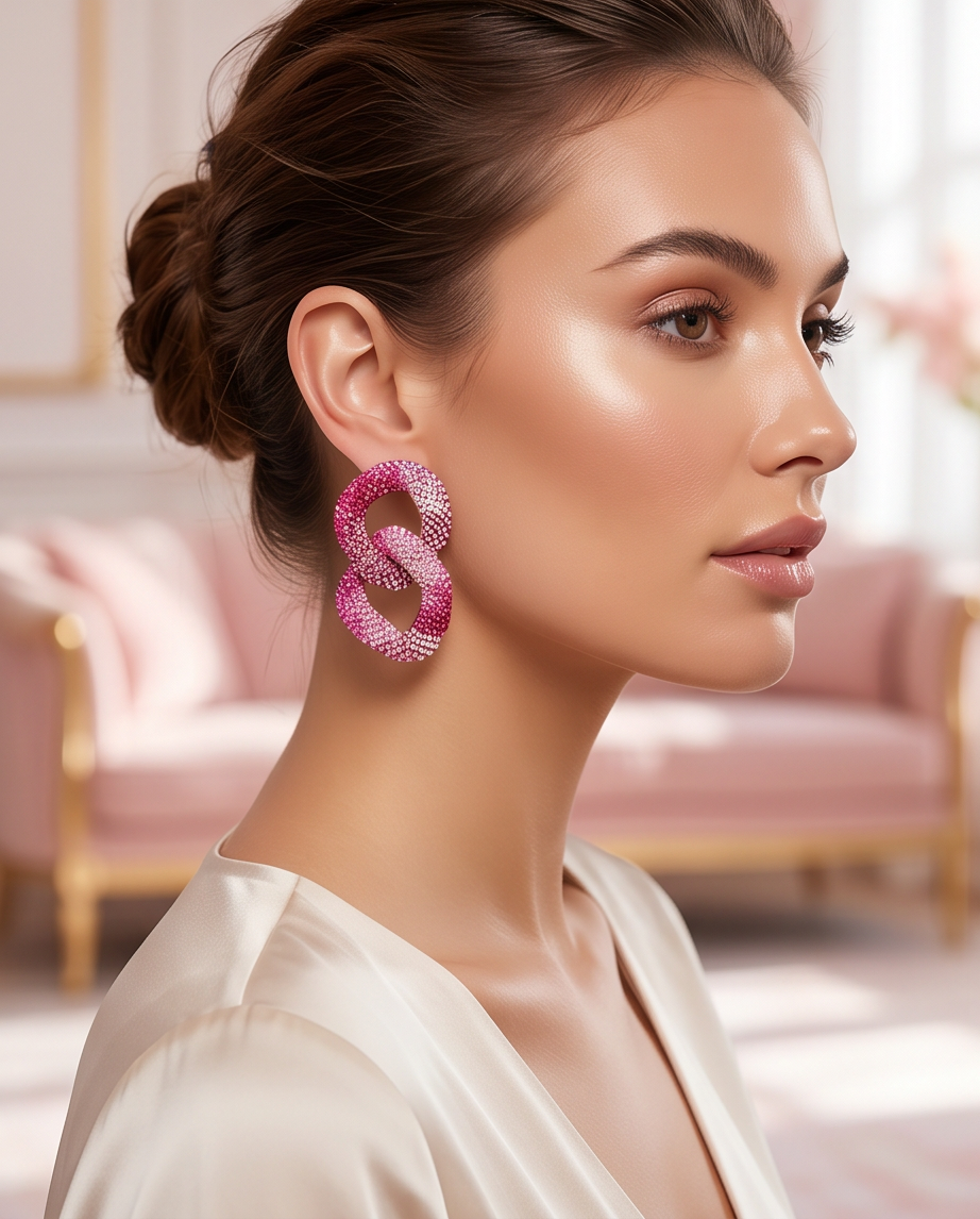 Model wearing pink crystal pavé chain link drop earrings