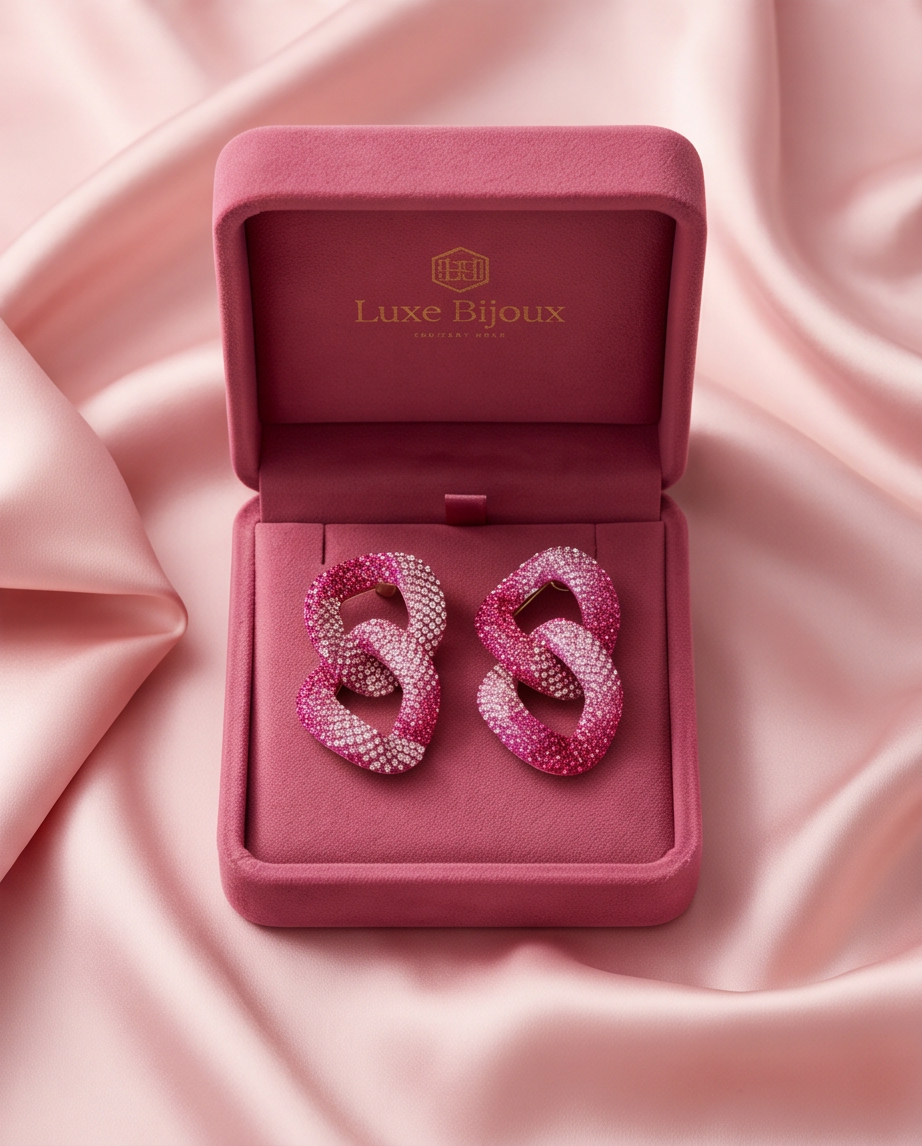 Pink crystal pavé chain link drop earrings in pink jewellery box