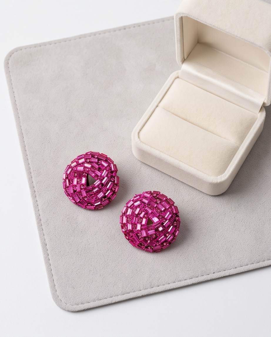 Fuchsia Baguette Crystal Dome Stud Earrings