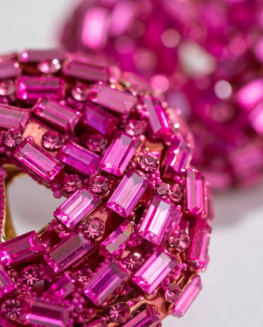 Close-up detail of fuchsia baguette crystal dome stud earring