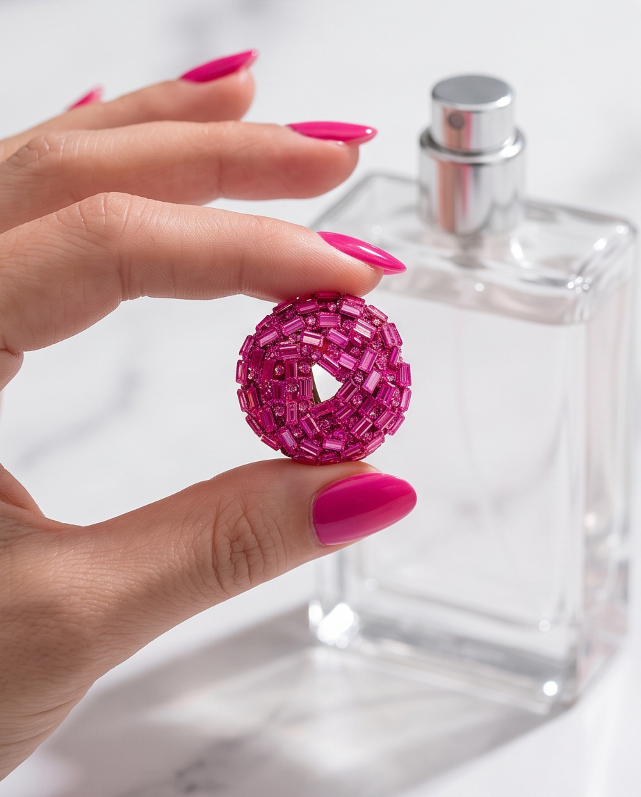 Hand holding fuchsia baguette crystal dome stud earring beside perfume bottle