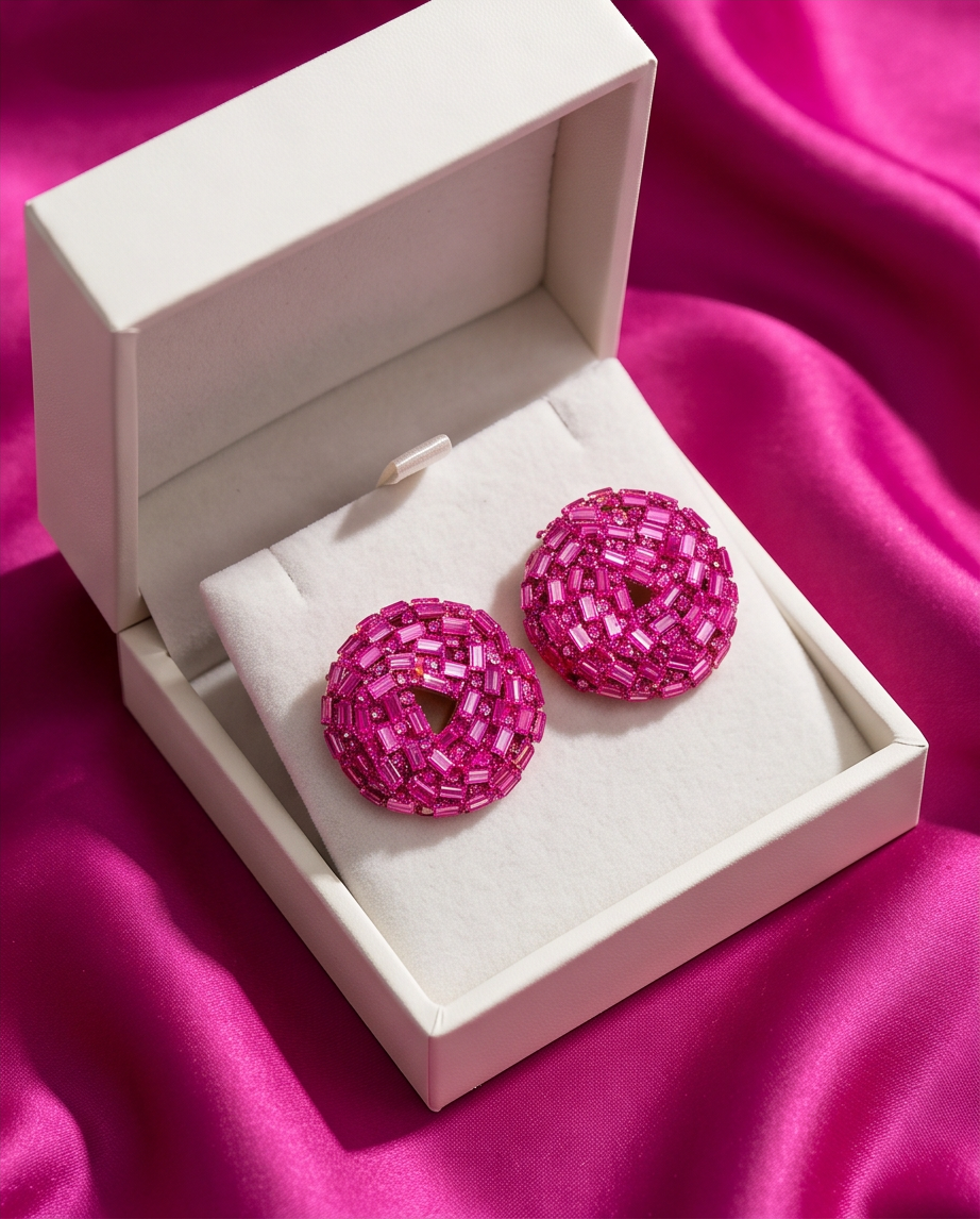 Fuchsia baguette crystal dome stud earrings in white jewellery box on pink satin