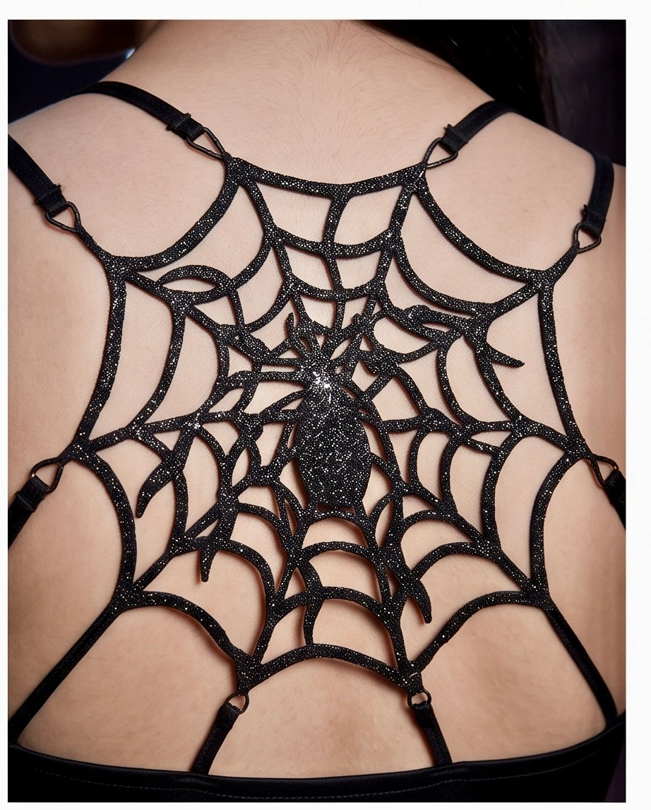 Close-up of glitter spider web back harness with crystal spider detail