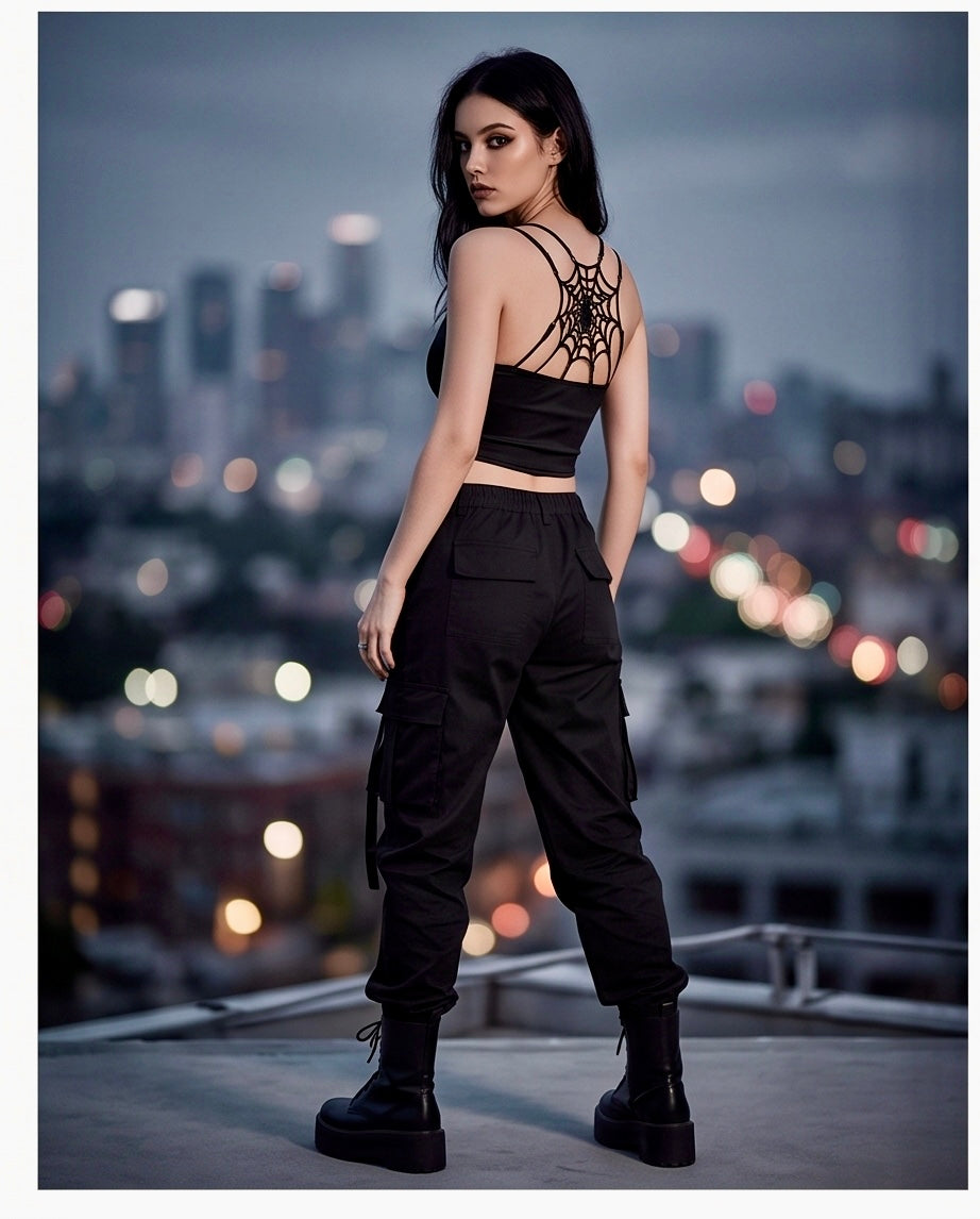 Styling flatlay with spider web cami, combat boots, chain necklace and rings