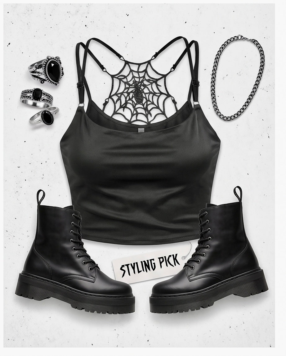 Model wearing spider web back crop cami top on rooftop at night