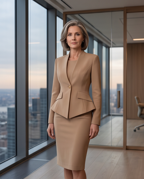 Camel Peplum Blazer & Pencil Skirt Set - close up detail of peplum blazer and gold button
