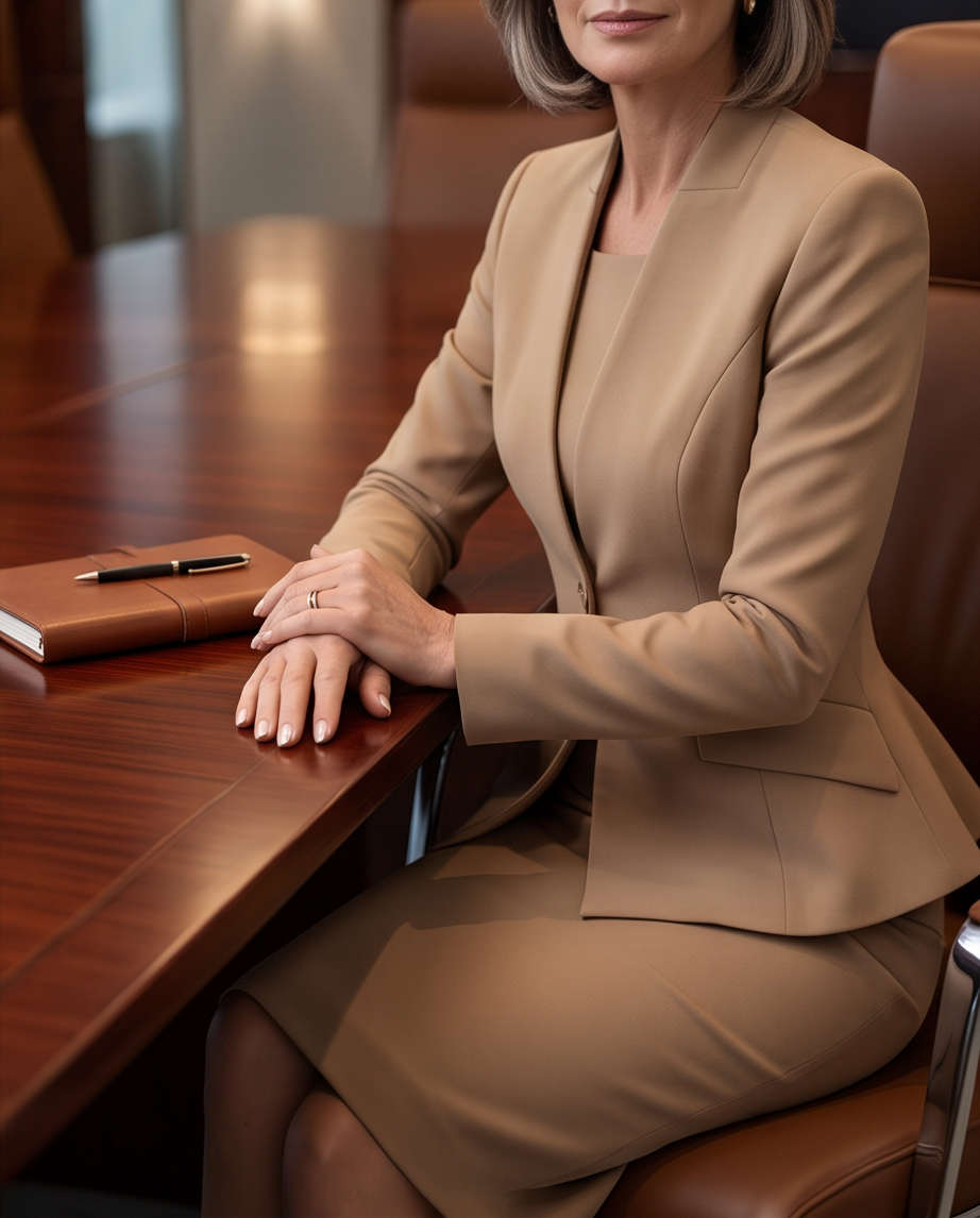 Camel Peplum Blazer & Pencil Skirt Set - model seated at boardroom table