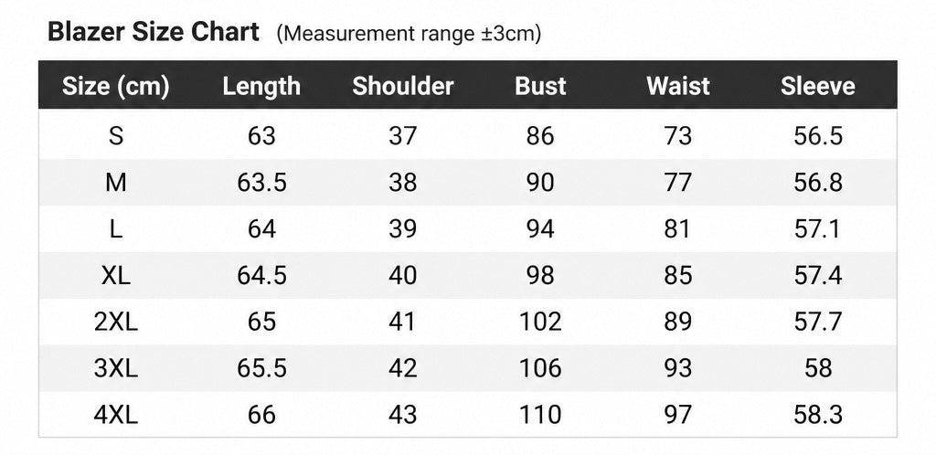 Blazer size chart table showing measurements in centimeters for sizes S through 4XL, with columns for Length, Shoulder, Bust, Waist, and Sleeve.