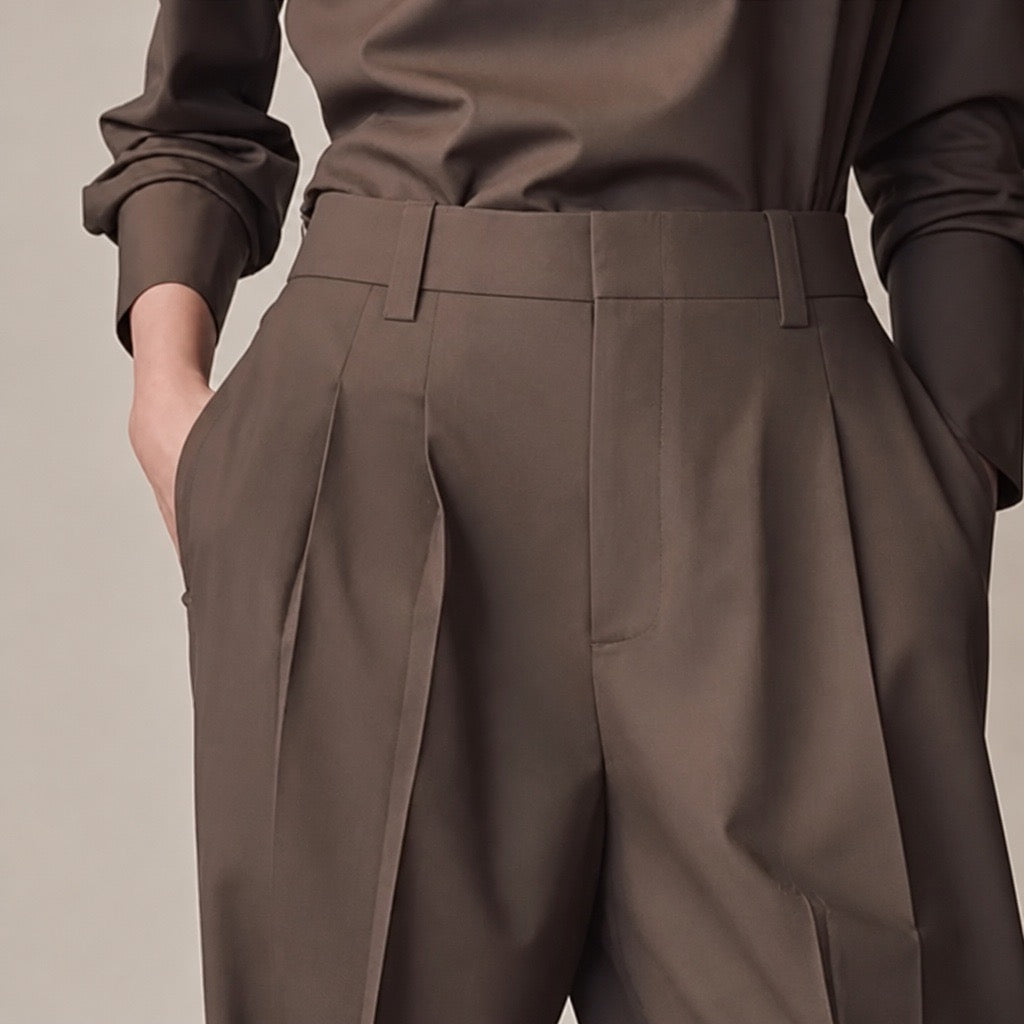 Pleated Wide-Leg Wool Trousers — Cuba Brown