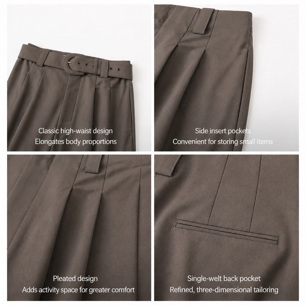 Pleated Wide-Leg Wool Trousers — Cuba Brown