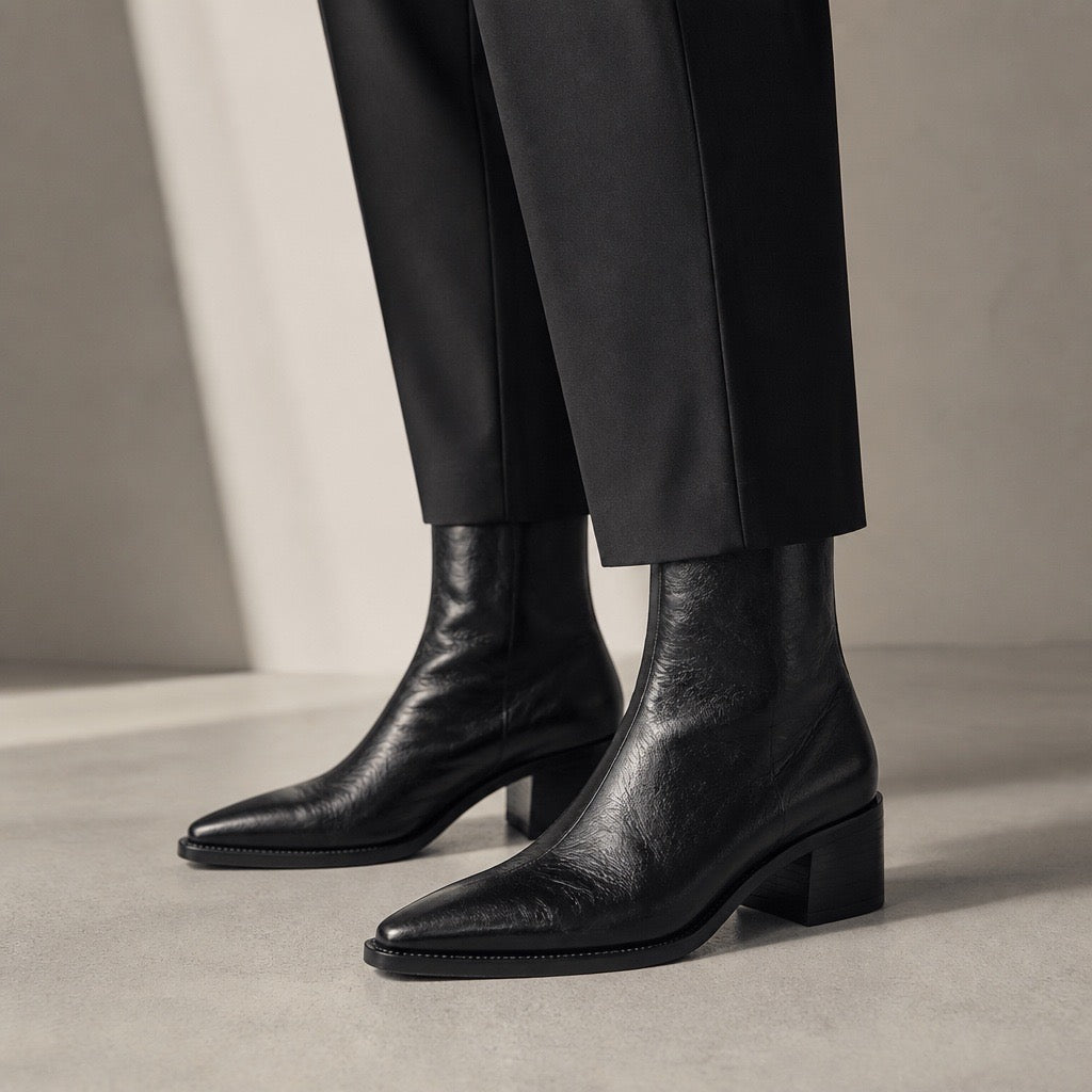 Pointed-Toe Block Heel Leather Ankle Boot — Black