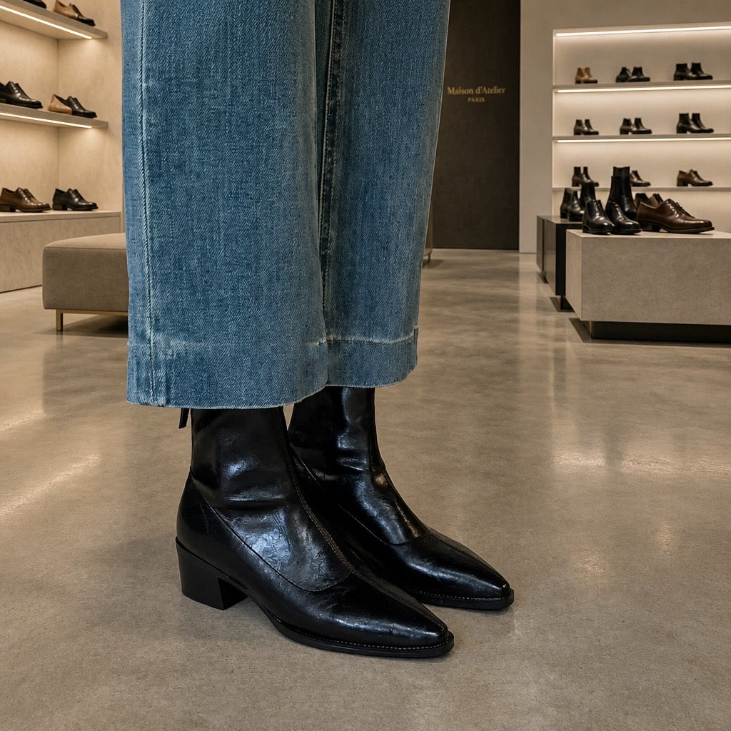Pointed-Toe Block Heel Leather Ankle Boot — Black