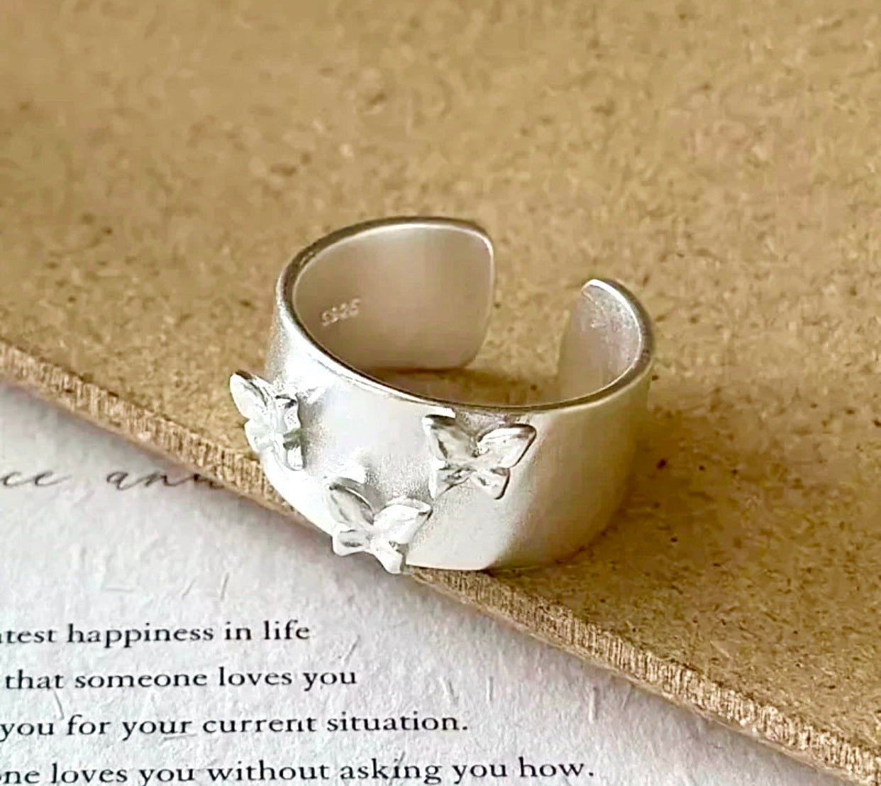 Silver Butterfly Embossed Wide Band Open Ring