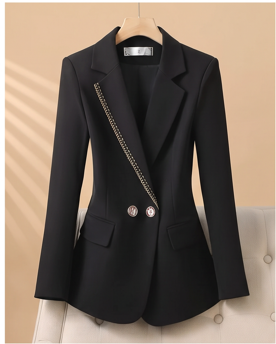 Black blazer front view on hanger