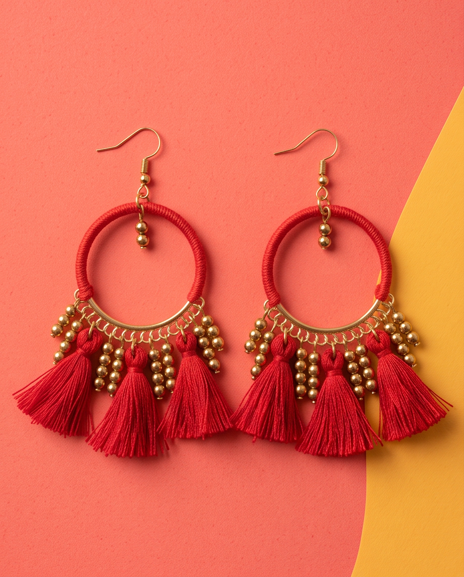 Red Tassel Gold Bead Hoop Earrings - Flat Lay