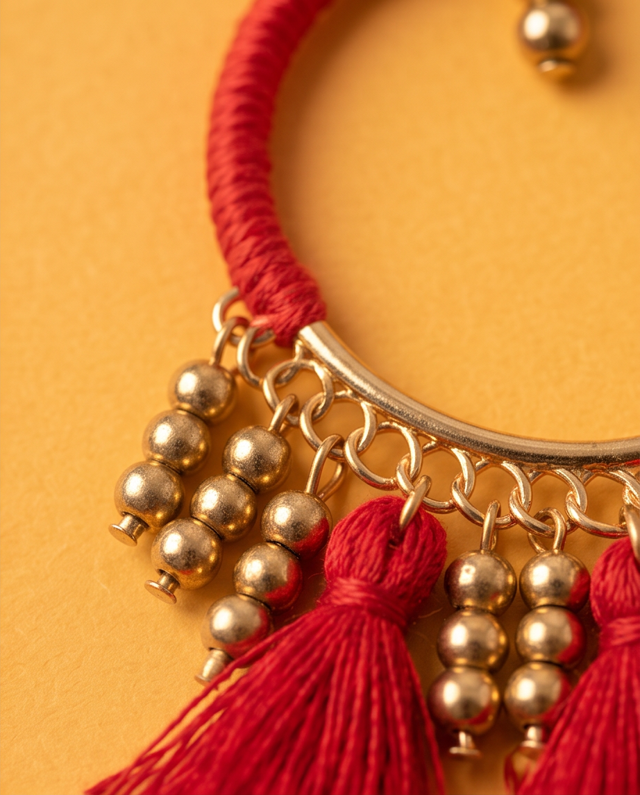 Red Tassel Gold Bead Hoop Earrings - Detail