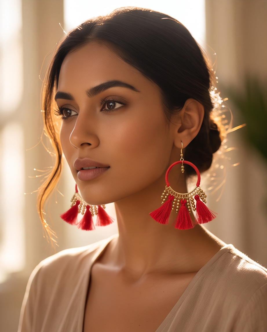 Red Tassel Gold Bead Hoop Earrings - Lifestyle