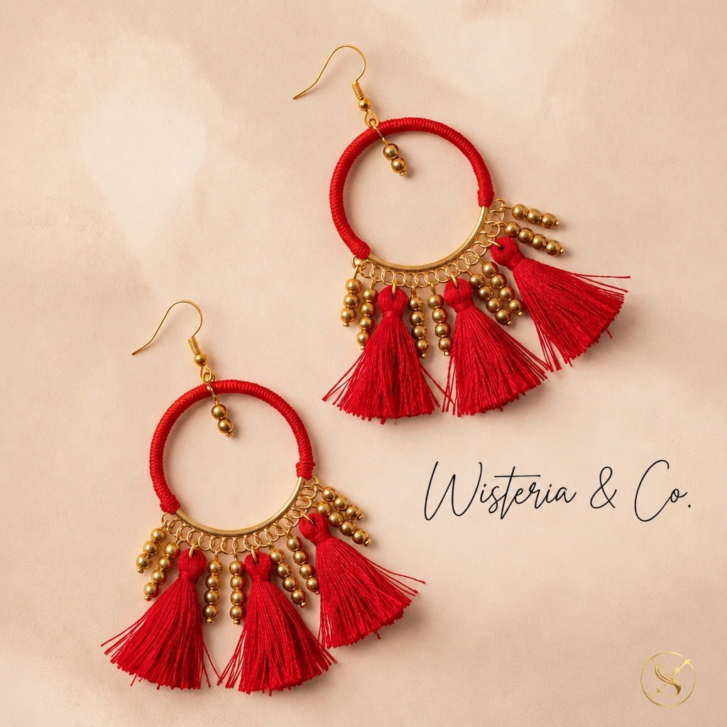 Red Tassel & Gold Bead Hoop Earrings