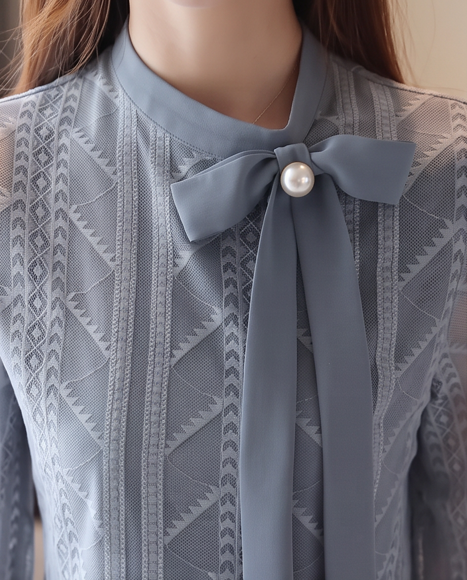 Dusty Blue Geometric Lace Bow Blouse