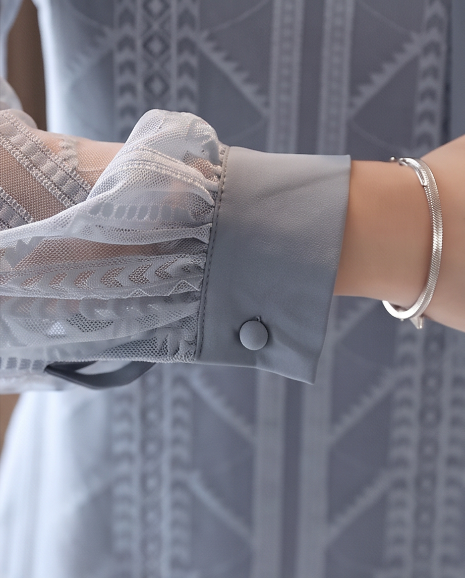 Dusty Blue Geometric Lace Bow Blouse