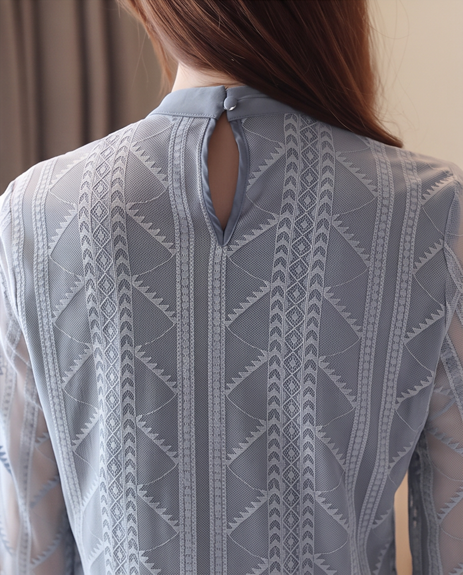 Dusty Blue Geometric Lace Bow Blouse