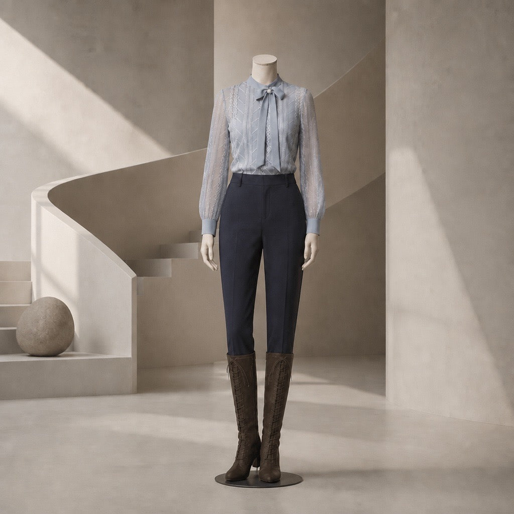 A mannequin dressed in a light blue striped long-sleeve blouse with a bow tie, navy cropped riding pants, and brown knee-high boots, standing in a minimalist beige architectural setting with a curved staircase.