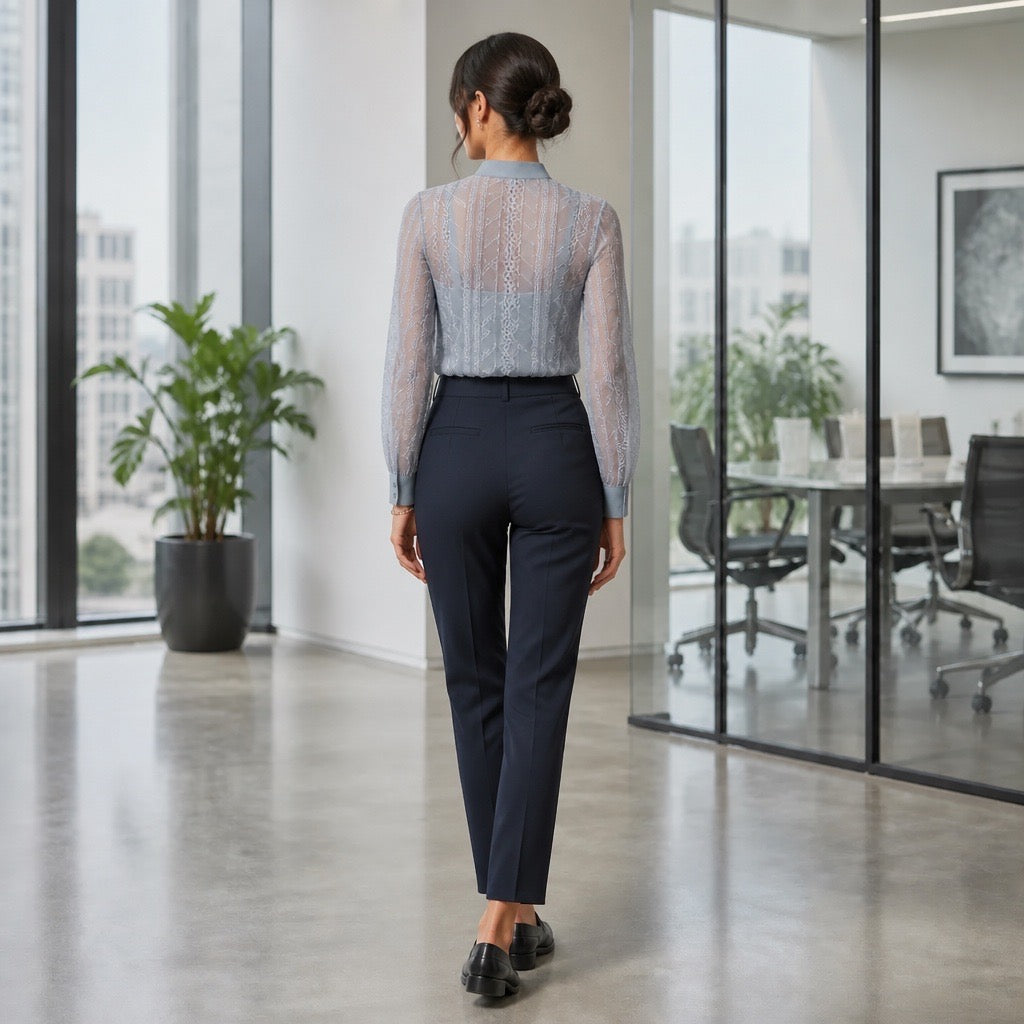 A woman viewed from behind wearing a sheer light blue lace long-sleeve blouse and dark navy trousers, standing in a modern office hallway with glass walls and potted plants.
