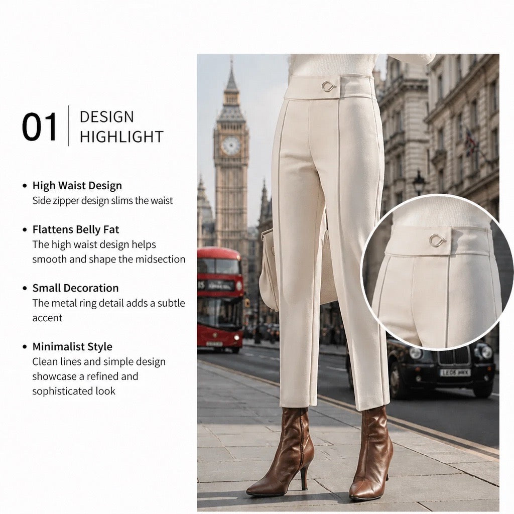 Cream High-Waist Straight-Leg Cropped Trousers