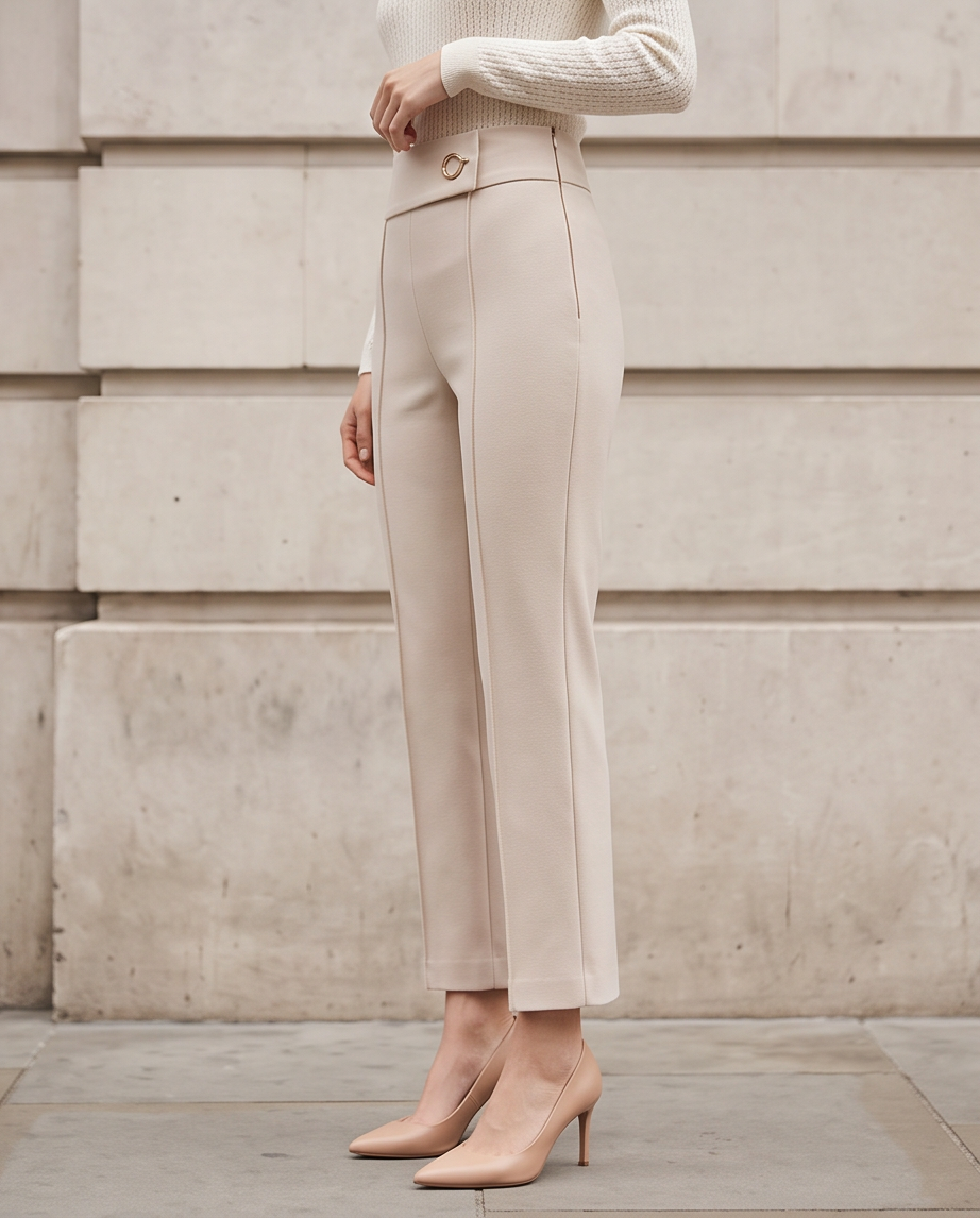 Cream High-Waist Straight-Leg Cropped Trousers