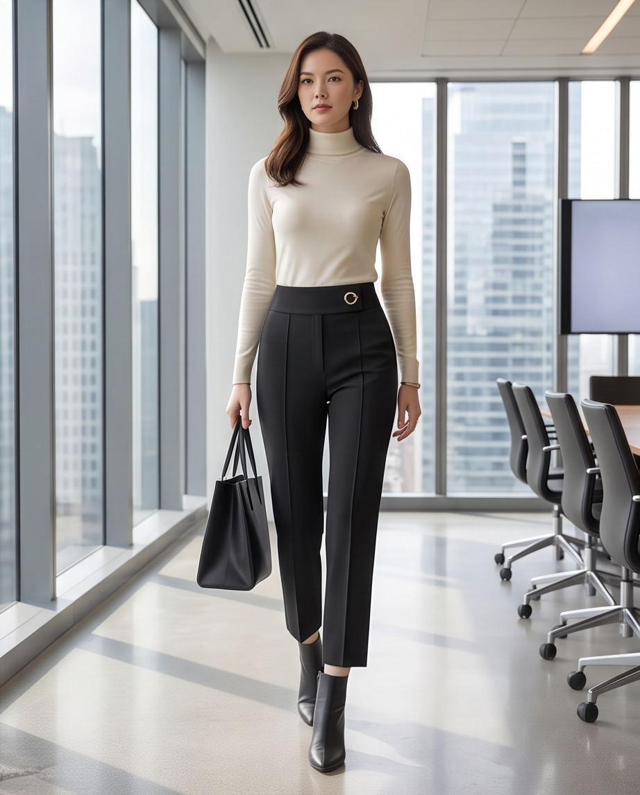 Black High-Waist Straight-Leg Cropped Trousers