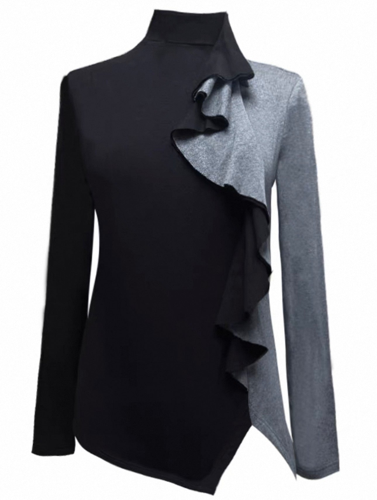 Black & Grey Colour-Block Ruffle Turtleneck Top - Front flat