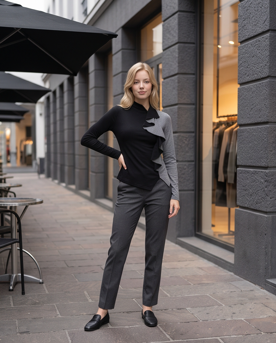 Black & Grey Colour-Block Ruffle Turtleneck Top