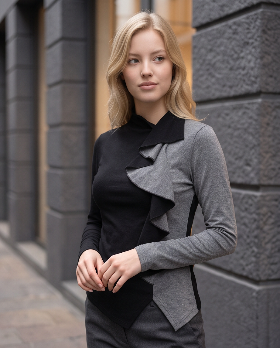 Black & Grey Colour-Block Ruffle Turtleneck Top