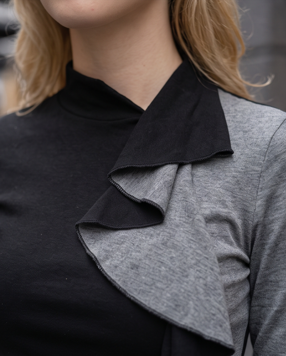 Black & Grey Colour-Block Ruffle Turtleneck Top
