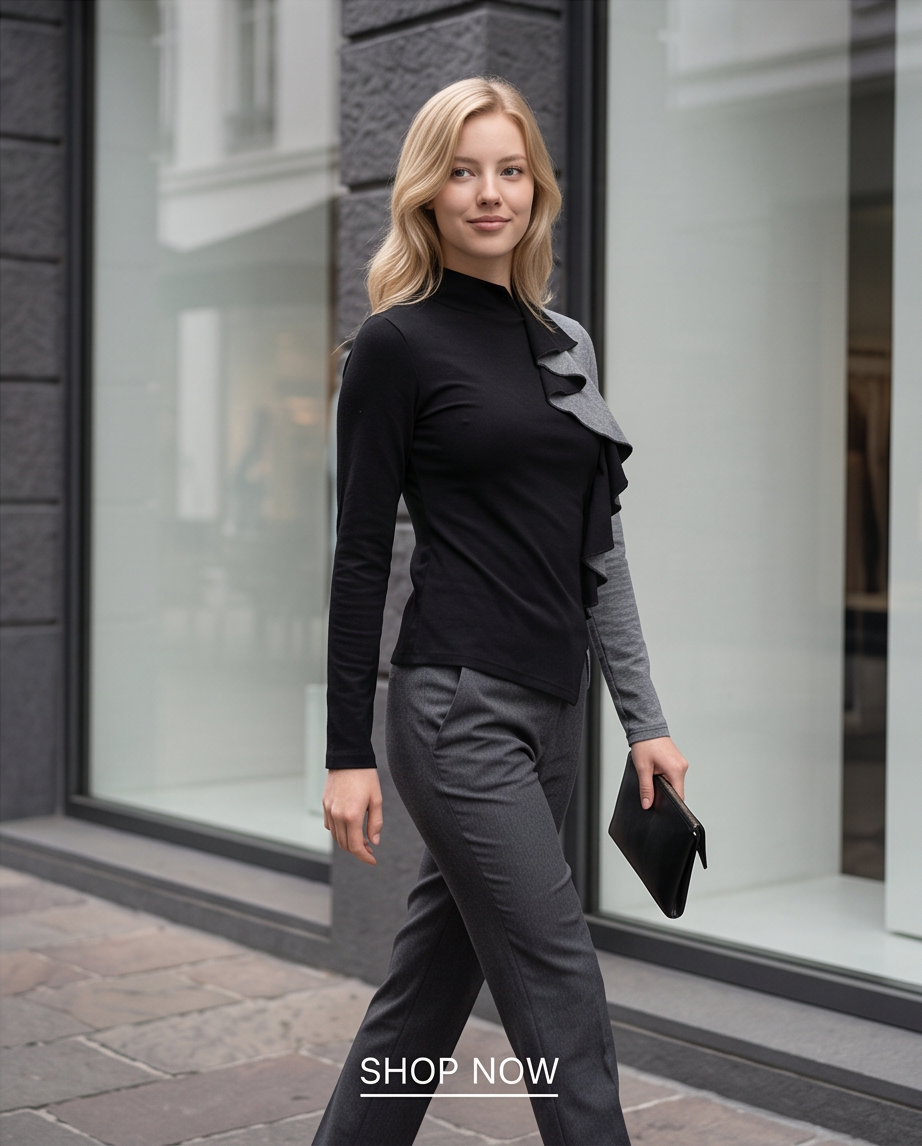 Black & Grey Colour-Block Ruffle Turtleneck Top