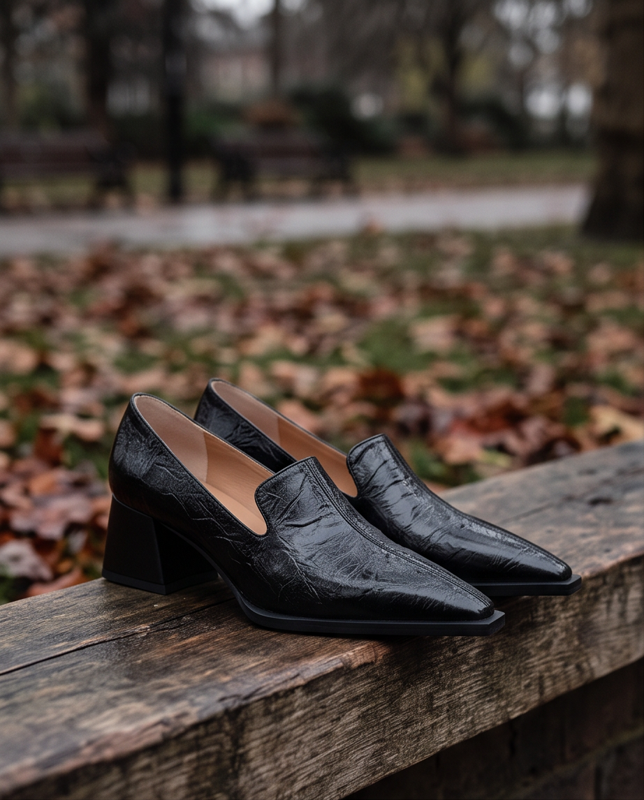 Black Patent Leather Pointed-Toe Block Heel Loafer