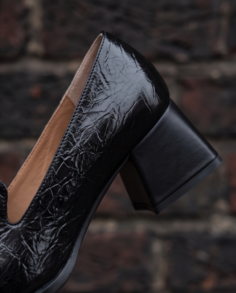 Black Patent Leather Pointed-Toe Block Heel Loafer