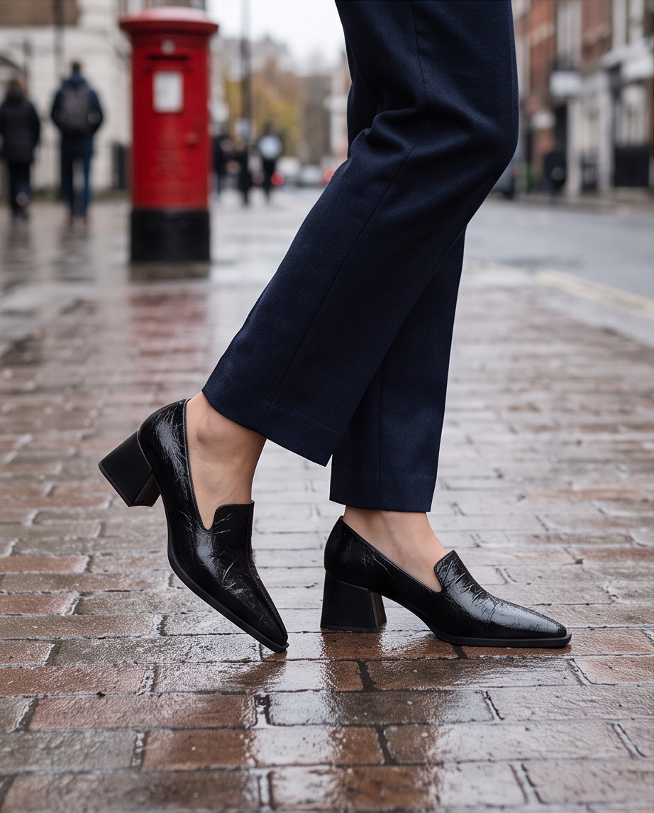 A person wearing dark navy trousers and black leather block-heel loafers walking on a wet brick street beside a red post box.