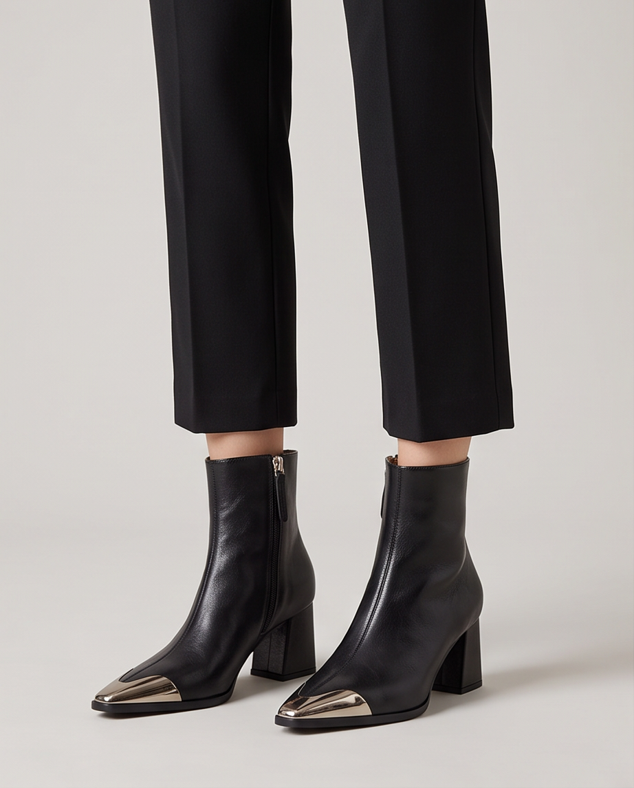 Black Genuine Leather Metal Cap-Toe Pointed Ankle Boot