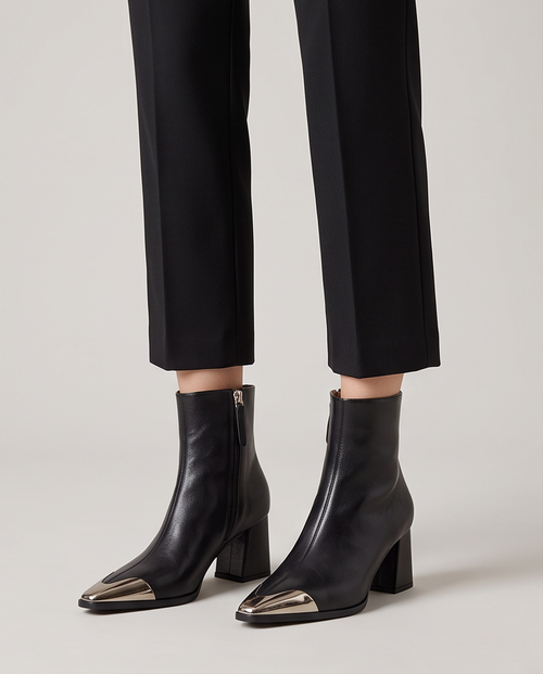 Black Genuine Leather Metal Cap-Toe Pointed Ankle Boot