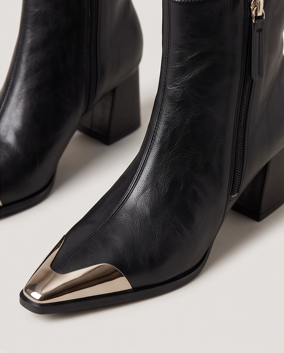 Black Genuine Leather Metal Cap-Toe Pointed Ankle Boot